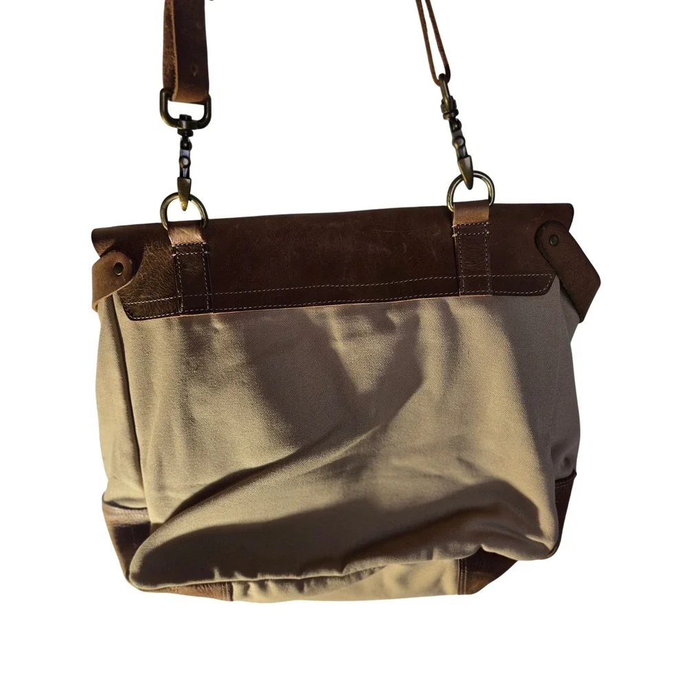 Zippo Messenger Bag Tan Canvas Brown Leather Embossed Logo Crossbody Work Bag